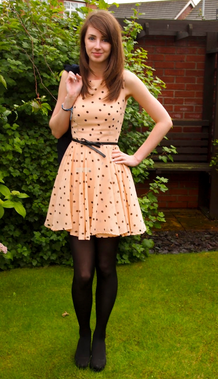 Auburn Teen Girl wearing Black Opaque Pantyhose and Beige Cotton Short Dress